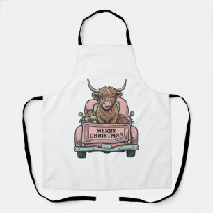 Highland Cow Christmas Truck Vintage Engraving Shi Apron