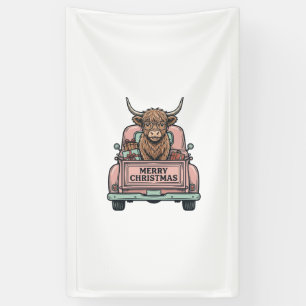Highland Cow Christmas Truck Vintage Engraving Shi Banner