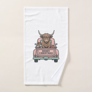 Highland Cow Christmas Truck Vintage Engraving Shi Hand Towel