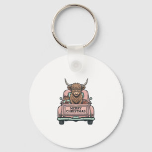 Highland Cow Christmas Truck Vintage Engraving Shi Key Ring