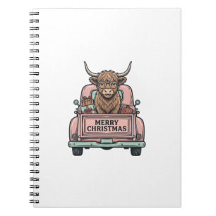 Highland Cow Christmas Truck Vintage Engraving Shi Notebook