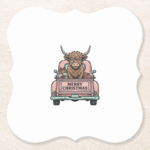 Highland Cow Christmas Truck Vintage Engraving Shi Paper Coaster