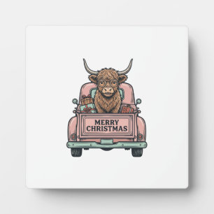 Highland Cow Christmas Truck Vintage Engraving Shi Plaque