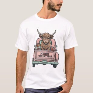 Highland Cow Christmas Truck Vintage Engraving Shi T-Shirt