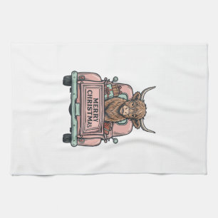 Highland Cow Christmas Truck Vintage Engraving Shi Tea Towel