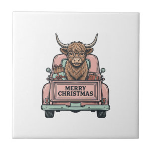 Highland Cow Christmas Truck Vintage Engraving Shi Tile