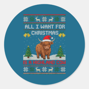Highland Cow Christmas Ugly Sweater Style Festive Classic Round Sticker