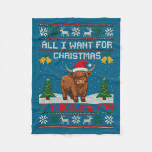 Highland Cow Christmas Ugly Sweater Style Festive Fleece Blanket