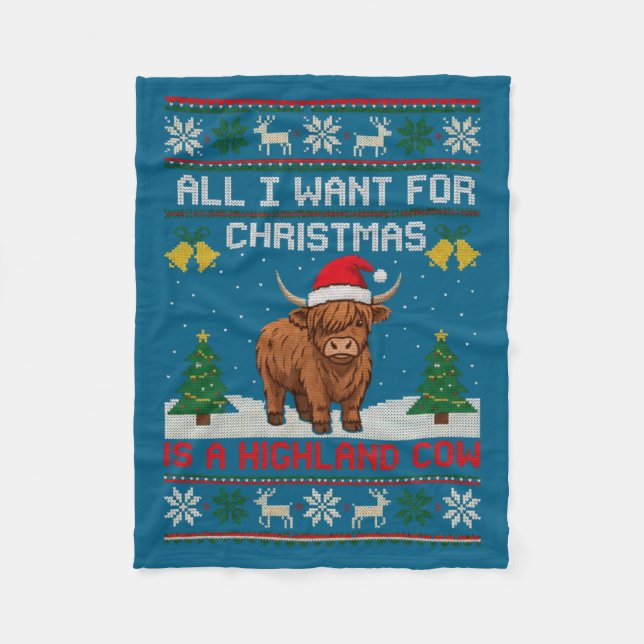 Highland Cow Christmas Ugly Sweater Style Festive  Fleece Blanket (Front)