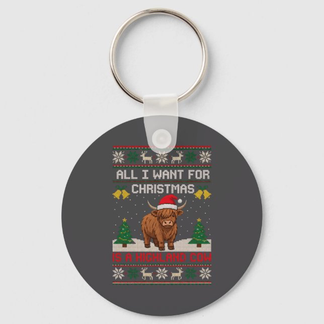 Highland Cow Christmas Ugly Sweater Style Festive  Key Ring (Front)