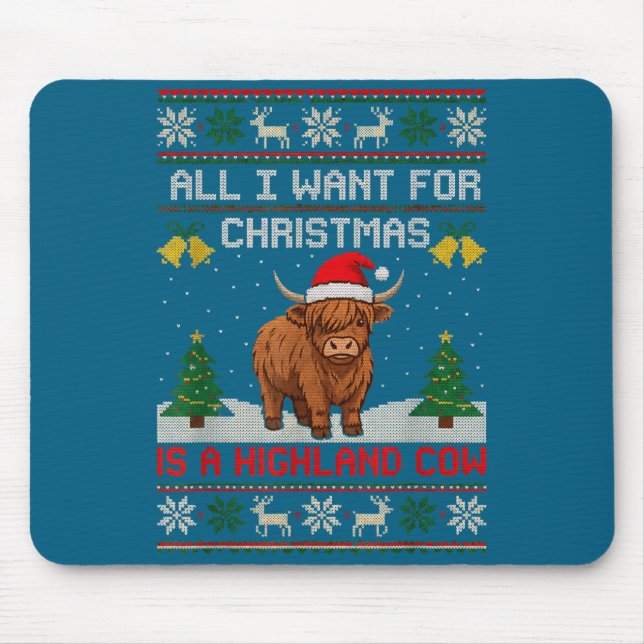 Highland Cow Christmas Ugly Sweater Style Festive  Mouse Mat (Front)