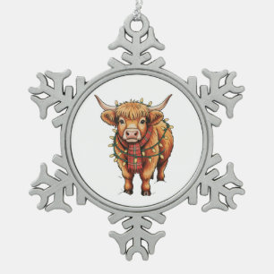 Highland Cow Christmas Xmas Santa Baby Wooly Farm Snowflake Pewter Christmas Ornament