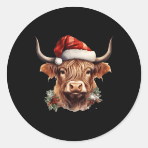 Highland Cow Christmas Xmas Santa Wooly Farm Anima Classic Round Sticker