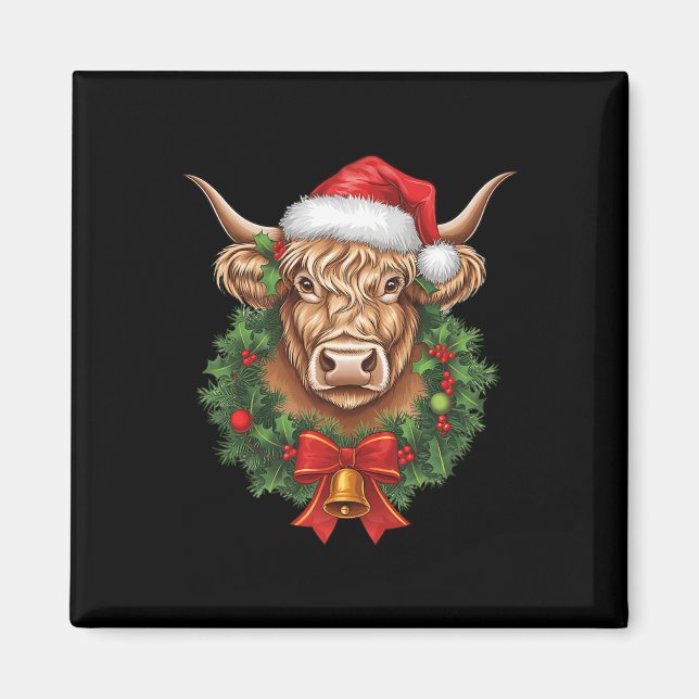 Highland Cow Christmas Xmas Santa Wooly Farm Anima Magnet (Front)