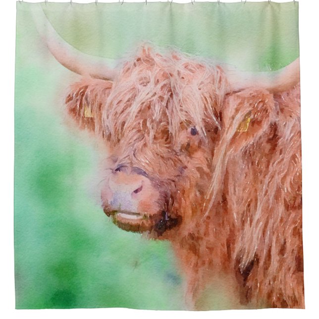 Highland cow close up watercolor shower curtain (Front)