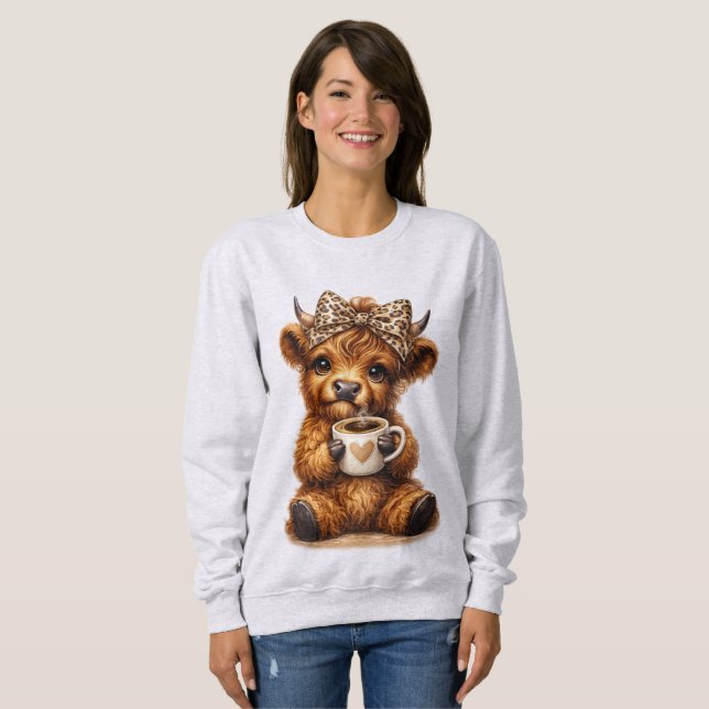 Highland Cow Coffee Wrap: Leopard Bow — Personaliz Sweatshirt (Front Full)