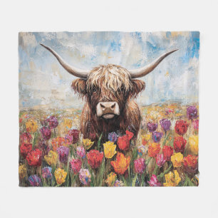 Highland Cow Colourful Tulips Painting Fleece Blanket