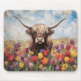 Highland Cow Colourful Tulips Painting Mouse Mat