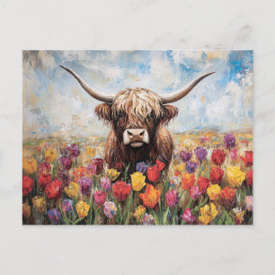 Highland Cow Colourful Tulips Painting Postcard
