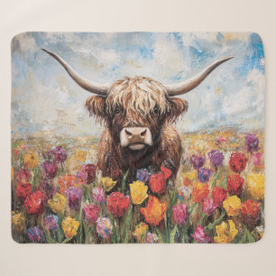 Highland Cow Colourful Tulips Painting Sherpa Blanket