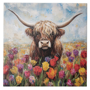 Highland Cow Colourful Tulips Painting Tile
