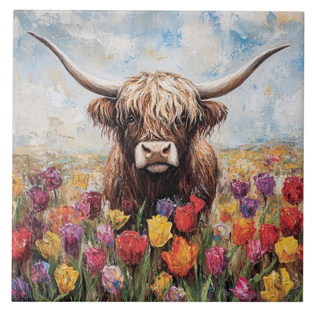 Highland Cow Colourful Tulips Painting Tile (Front)
