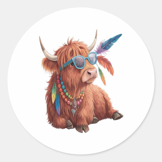 Highland Cow , Cool Cow , Sunglass Classic Round Sticker (Front)