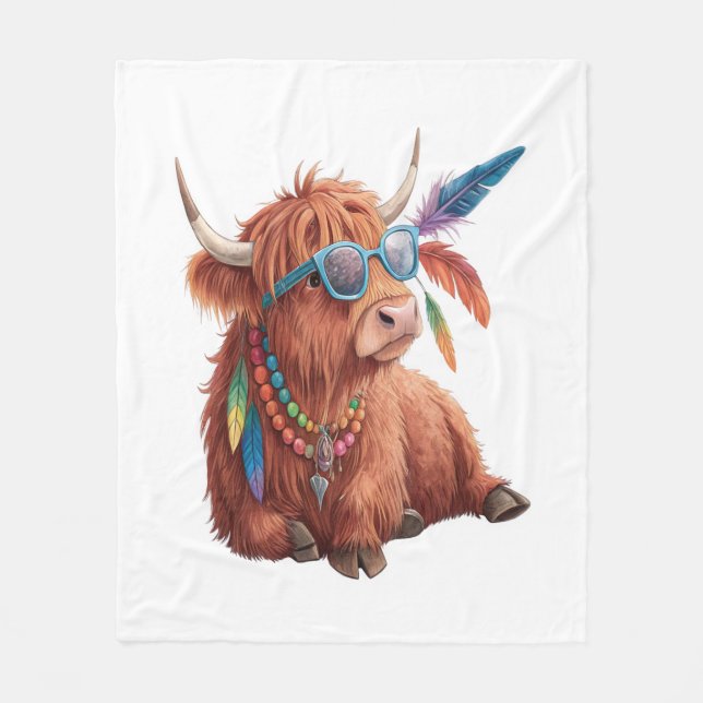 Highland Cow , Cool Cow , Sunglass Fleece Blanket (Front)