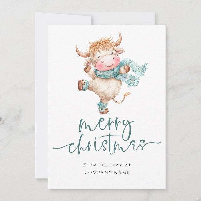 Highland Cow Corporate QR logo Merry Christmas Holiday Card (Front)