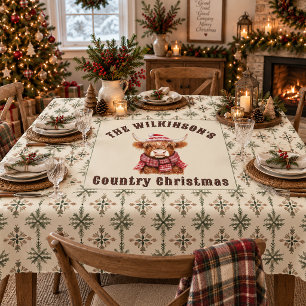 Highland Cow Country Christmas Snowflake Tablecloth
