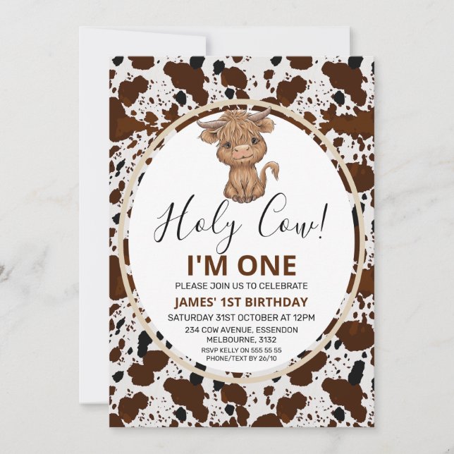 Highland Cow Cow Print  1st Birthday Invitation (Front)