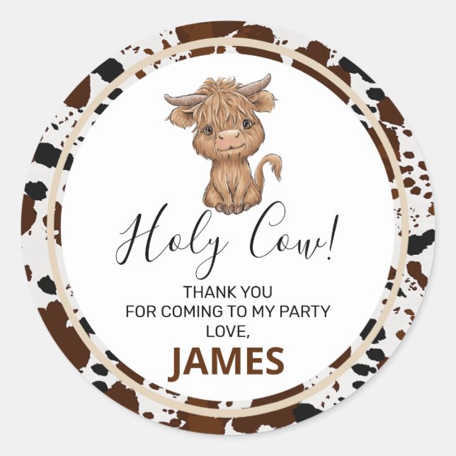 Highland Cow Cow Print Birthday  Classic Round Sticker (Front)