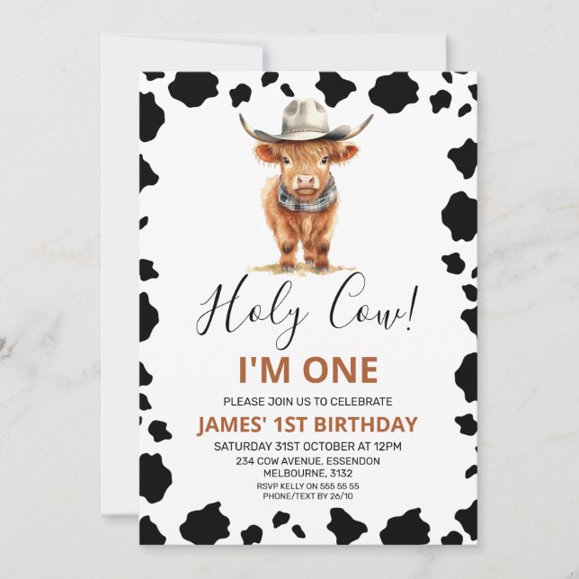 Highland Cow Cowboy Hat Cow Print 1st Birthday Invitation (Front)