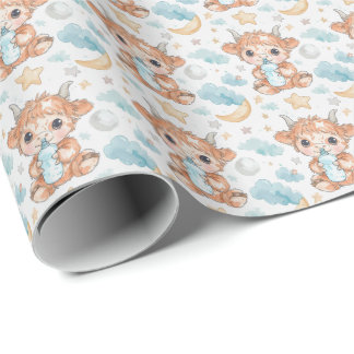 Highland Cow Cute Baby Watercolor Pattern  Wrapping Paper