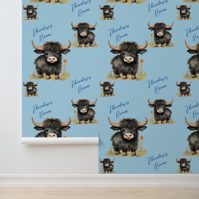 Highland Cow Cute Boys Bedroom Wallpaper (Application)