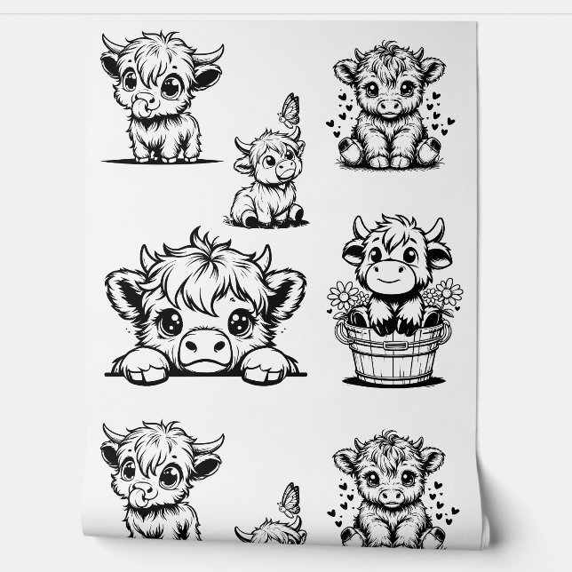 Highland Cow Cute Print Wallpaper (Unrolling)