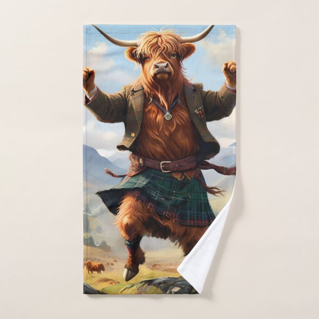 Highland Cow Dancing The Highland Fling, Bath Towel Set (Hand Towel)