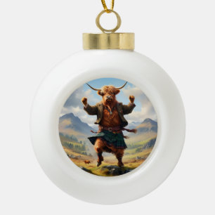 Highland Cow Dancing The Highland Fling, Ceramic Ball Christmas Ornament