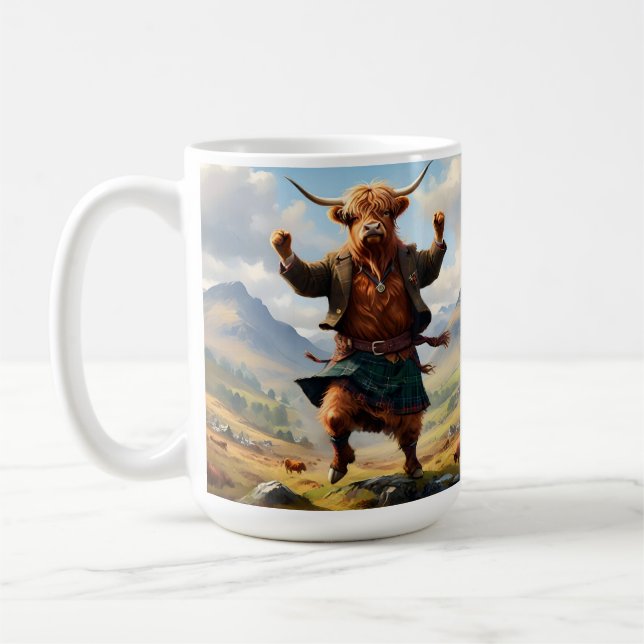 Highland Cow Dancing The Highland Fling, Coffee Mug (Left)