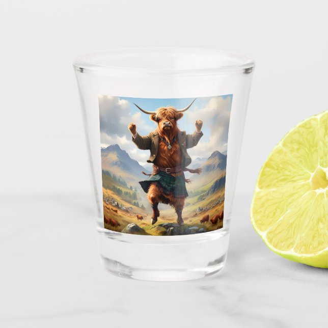 Highland Cow Dancing The Highland Fling, Shot Glass (Front)
