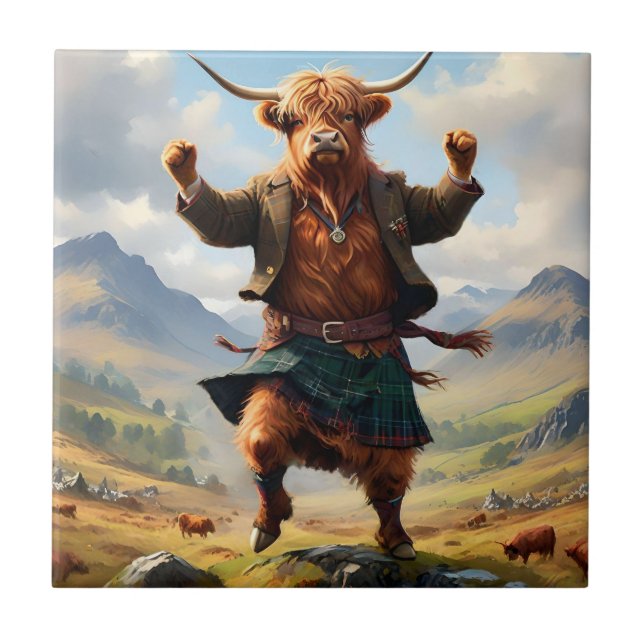 Highland Cow Dancing The Highland Fling, Tile (Front)