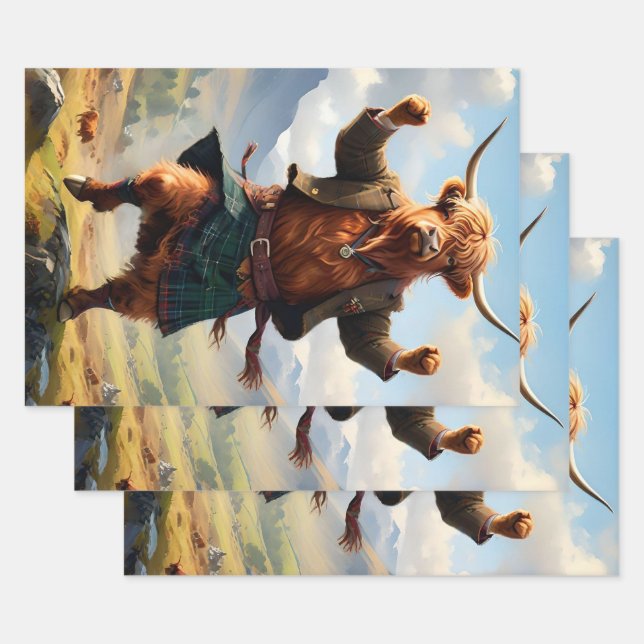 Highland Cow Dancing The Highland Fling, Wrapping Paper Sheet (Set)
