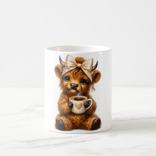 Highland Cow Drink Coffee Wear Cute Leopard Bow —  Mug (Center)