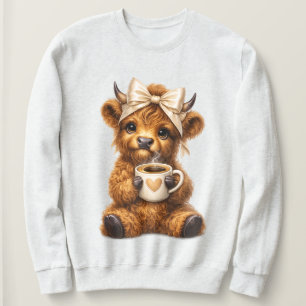 Highland Cow Drink Coffee Wear Cute Leopard Bow — Sweatshirt