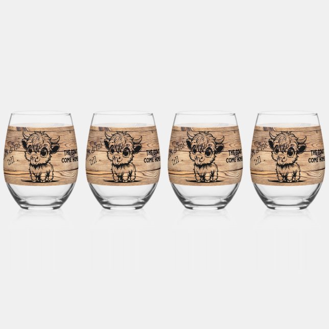 Highland Cow - Drink till the Cows come Home Stemless Wine Glass (Front)