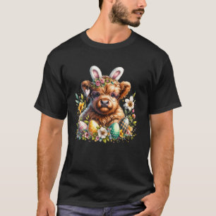 Highland Cow Easter Bunny Moo Basket Egg Floral Wo T-Shirt