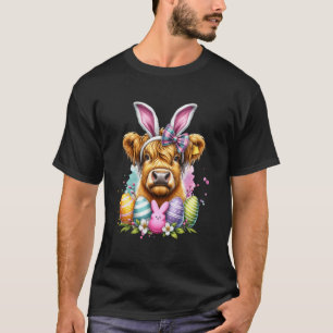 Highland Cow Easter Bunny Moo Basket Egg Hunt Kids T-Shirt