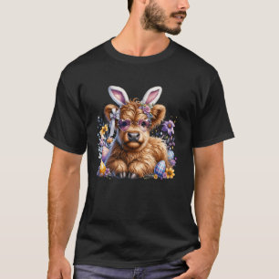 Highland Cow Easter Bunny Moo Floral Egg Hunt Kids T-Shirt