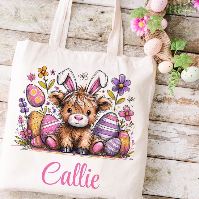 Highland Cow Easter Kids Name Girls Bunny  Tote Bag (Highland Cow Girls Easter Tote)