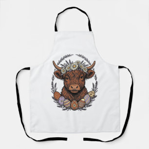 Highland Cow Easter Vintage Floral Egg Art Apron